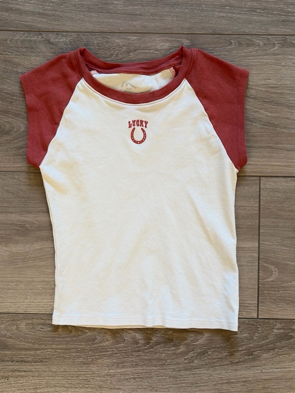 Kids 'Lucky' Raglan Tee - Cream Body with Rust Red Sleeves